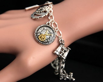 Clockwork Bracelet.  Charm Bracelet. Steampunk Bracelet. Silver Bracelet. Steampunk Jewelry. Handmade Jewelry.