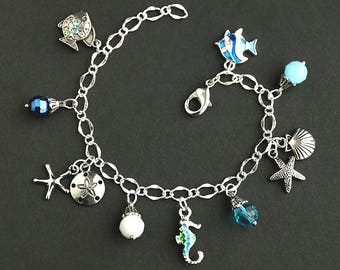 Enchanted Sea Bracelet. Blue Ocean Bracelet. Sea Life Charm Bracelet. Fish Bracelet. Seahorse Bracelet. Silver Bracelet. Handmade Jewelry.