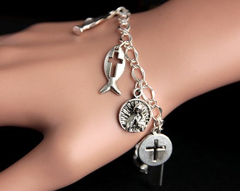 Religious Bracelet. Catholic Charm Bracelet. Christian Jewelry. Silver Bracelet. Christian Bracelet. Handmade Jewelry.