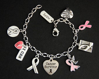 Cancer Bracelet.  Cancer Survivor Charm Bracelet. Hope Bracelet. Breast Cancer Awareness Cancer Jewelry. Silver Bracelet. Handmade Jewelry.