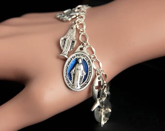 Blue Miraculous Medal Bracelet. Catholic Bracelet. Catholic Medal Bracelet. Immaculate Conception Bracelet. Holy Mother Mary Bracelet.