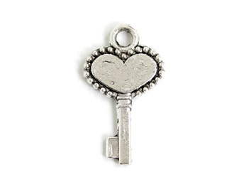 Heart Key Charm.  Small Key Charm. Silver Key Charm. Add On Charm for Charm Bracelet or Charm Necklace. Silver Plated Charm. 17mm x 10mm