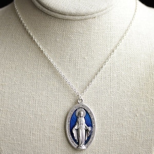 Large Miraculous Medal Necklace. Catholic Necklace. Blue Miraculous Medal Necklace. Catholic Charm Necklace. Religious Necklace. image 2