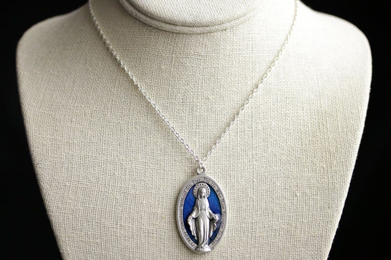 Large Miraculous Medal Necklace. Catholic Necklace. Blue Miraculous Medal Necklace. Catholic Charm Necklace. Religious Necklace. image 2