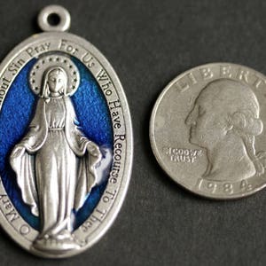 Large Miraculous Medal Necklace. Catholic Necklace. Blue Miraculous Medal Necklace. Catholic Charm Necklace. Religious Necklace. image 3