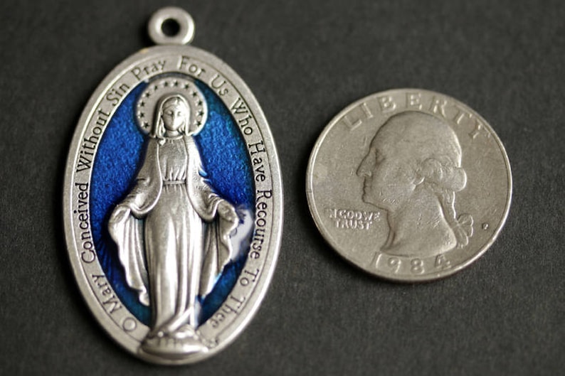 Large Miraculous Medal Necklace. Catholic Necklace. Blue Miraculous Medal Necklace. Catholic Charm Necklace. Religious Necklace. image 3