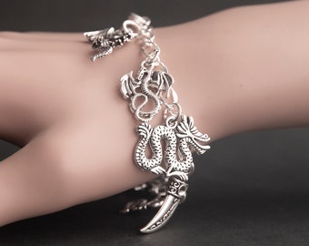 Dragon Bracelet. Eastern and Western Dragons Charm Bracelet. Silver Bracelet. Draco Bracelet. Handmade Jewelry. Handmade Bracelet.