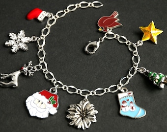 Holiday Bracelet. Santa Claus Charm Bracelet. Christmas Bracelet. Silver Bracelet. Holiday Jewelry. Xmas Jewelry. Handmade Jewelry.