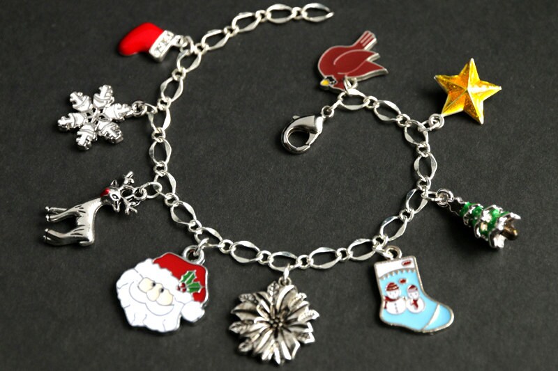 Holiday Bracelet. Santa Claus Charm Bracelet. Christmas Bracelet. Silver Bracelet. Holiday Jewelry. Xmas Jewelry. Handmade Jewelry.