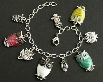 Owl Bracelet. Enameled Owl Charm Bracelet. Red, White, Turquoise and Yellow Owls Bracelet. Owl Jewelry. Silver Bracelet. Handmade Jewelry.