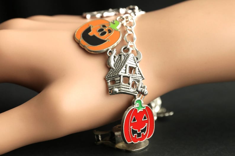 Pumpkin Bracelet. Halloween Bracelet v2. Jack o'Lantern Bracelet. Silver Bracelet. Halloween Jewelry. Charm Bracelet. Samhain Bracelet. image 2