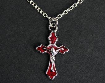 Red Cross Necklace. Christian Necklace. Red Enamel Crucifix Necklace. Silver Necklace. Christian Jewelry. Handmade Jewelry.