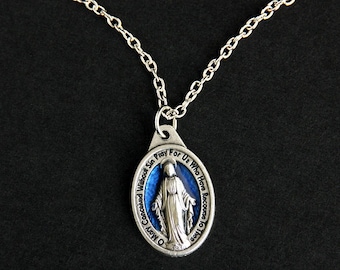 Blue Miraculous Necklace. Catholic Necklace. Miraculous Medal Necklace. Immaculate Conception Necklace. Holy Mother Mary Necklace.