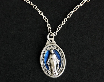 Medaglia Miracolosa In Argento Sterling 925 Con Dettaglio Blu E Catena Inclusa - Gioiello Religioso Regalo