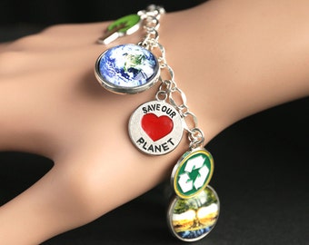 Save the Planet Bracelet. Earth Day Charm Bracelet. Recycle Bracelet Environment Bracelet. Silver Bracelet. Handmade Bracelet