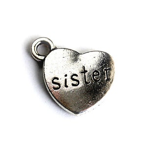 Sister Charm. Heart Charm. Add-On Charm for Charm Bracelets. Silver Plated Charm. image 1