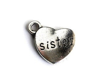Sister Charm. Heart Charm. Add-On Charm for Charm Bracelets. Silver Plated Charm.