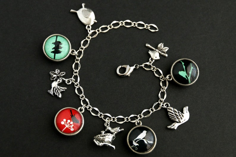 Bird Bracelet. Red and Turquoise Charm Bracelet. Bird Lover Bracelet. Turquoise and Red Bird Bracelet. Silver Bracelet. Handmade Jewelry. image 1