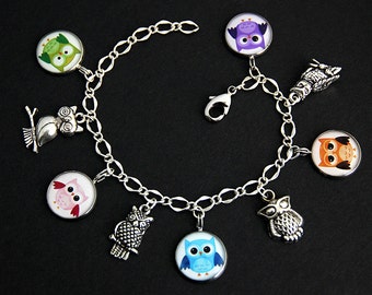 Owl Bracelet.  Owl Lover Charm Bracelet. Colorful Owls Bracelet. Owl Jewelry. Bird Jewelry. Silver Charm Bracelet. Handmade Jewelry.