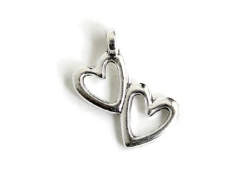 Double Heart Charm. Add-On Charm for Bracelet Charm or Necklace Charm. Silver Plated Charm. 18mm x 10mm