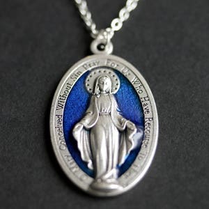 Large Miraculous Medal Necklace. Catholic Necklace. Blue Miraculous Medal Necklace. Catholic Charm Necklace. Religious Necklace.