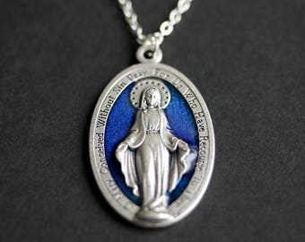Large Miraculous Medal Necklace. Catholic Necklace. Blue Miraculous Medal Necklace. Catholic Charm Necklace. Religious Necklace.