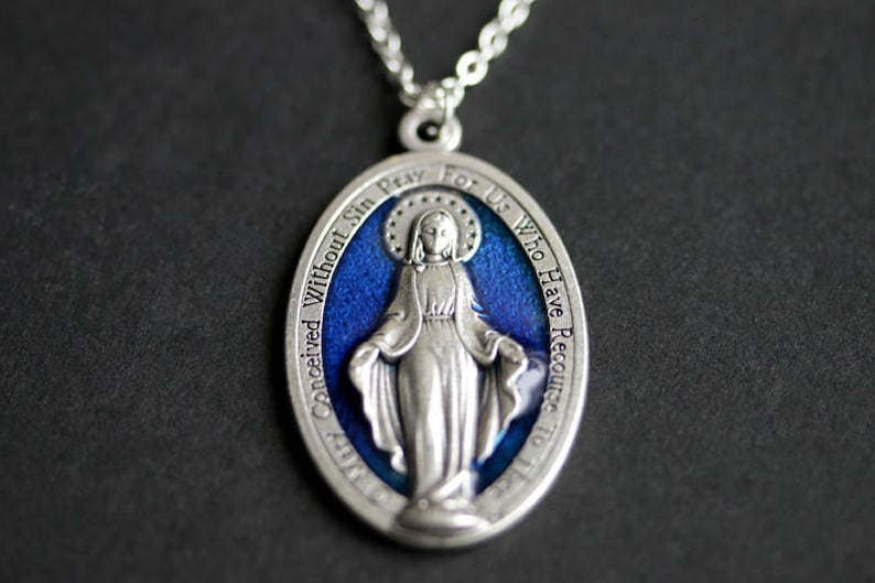 Large Miraculous Medal Necklace. Catholic Necklace. Blue Miraculous Medal Necklace. Catholic Charm Necklace. Religious Necklace. image 1