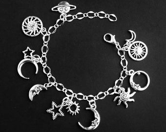 Celestial Bracelet. Night Sky Charm Bracelet. Sun Bracelet. Moon Bracelet. Stars Bracelet. Silver Bracelet. Handmade Jewelry.