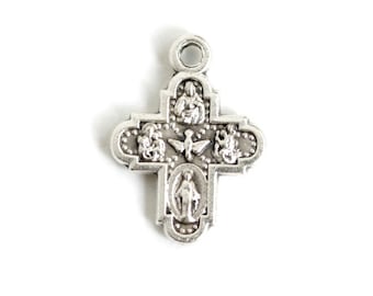 Small 4 Way Medal Charm. Four Way Medal Add-On Charm for Bracelet Charm or Necklace Charm. Catholic Charm. Silver Plated Charm. 18mm x 13mm