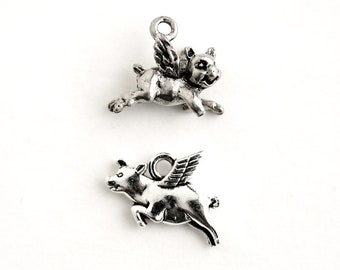 Flying Pig Charm.  When Pigs Fly Charm. Add-On Charm for Bracelet Charm or Necklace Charm. Silver Plated Charm.