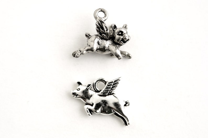 Flying Pig Charm. When Pigs Fly Charm. Add-On Charm for Bracelet Charm or Necklace Charm. Silver Plated Charm. image 1