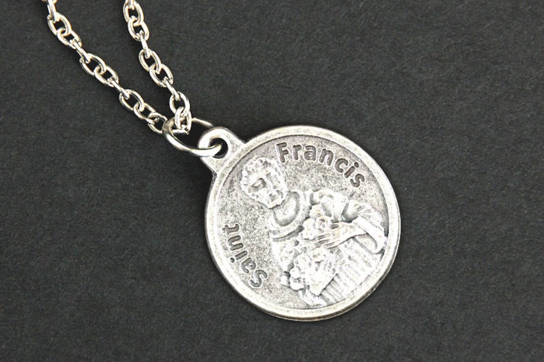 St Francis Necklace. Saint Francis Prayer Necklace. Round Medal