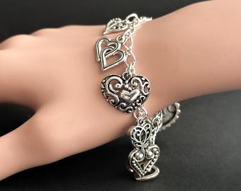 Heart Bracelet.  Filigree Heart Charm Bracelet. Fancy Hearts Bracelet. Heart Jewelry. Silver Bracelet. Handmade Jewelry.