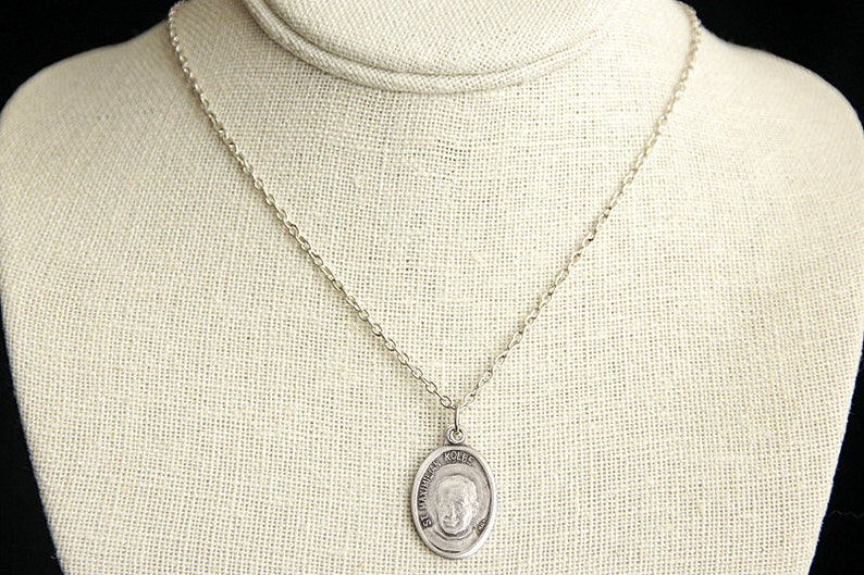 Maximilian Kolbe Necklace. St Maximilian Medal Necklace. Patron Saint Kolbe of Addiction, Families, Journalists, Prisoners, and Pro-Life. image 3