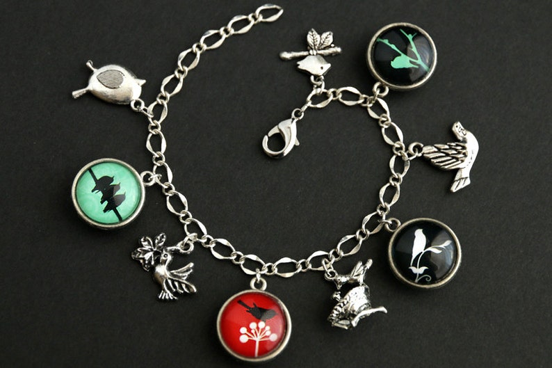 Bird Bracelet. Red and Turquoise Charm Bracelet. Bird Lover Bracelet. Turquoise and Red Bird Bracelet. Silver Bracelet. Handmade Jewelry. image 5