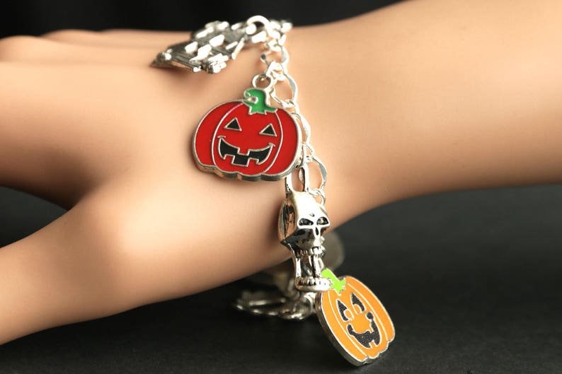 Pumpkin Bracelet. Halloween Bracelet v2. Jack o'Lantern Bracelet. Silver Bracelet. Halloween Jewelry. Charm Bracelet. Samhain Bracelet. image 5