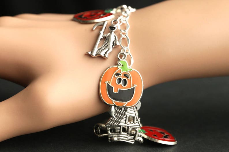 Pumpkin Bracelet. Halloween Bracelet v2. Jack o'Lantern Bracelet. Silver Bracelet. Halloween Jewelry. Charm Bracelet. Samhain Bracelet. image 8