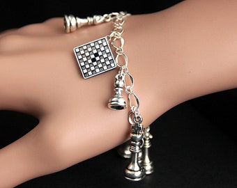 Chess Bracelet. Chess Charm Bracelet. Chess Lover Bracelet. Silver Charm Bracelet. Handmade Jewelry.