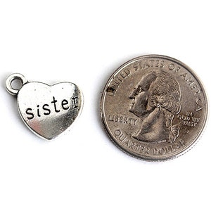 Sister Charm. Heart Charm. Add-On Charm for Charm Bracelets. Silver Plated Charm. image 3