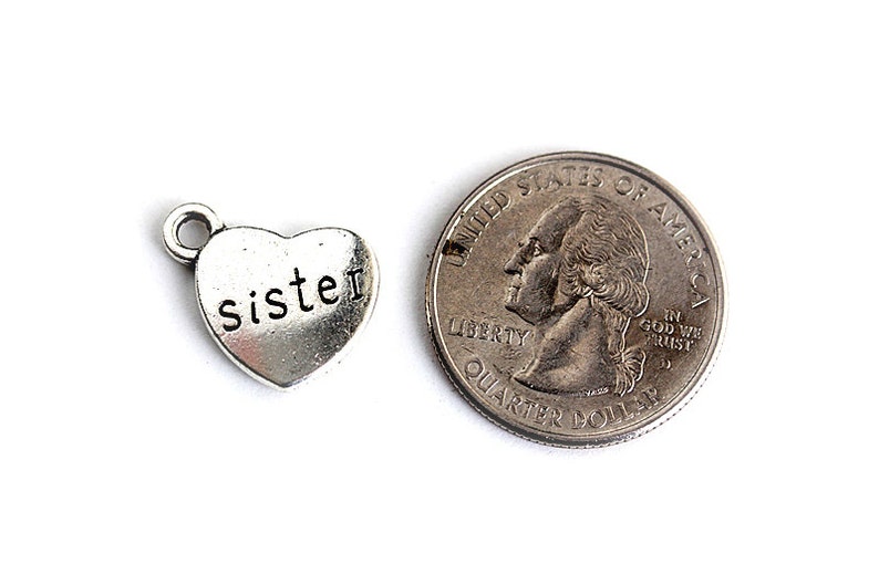 Sister Charm. Heart Charm. Add-On Charm for Charm Bracelets. Silver Plated Charm. image 3