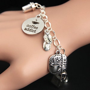 Coffee Bracelet. Coffee Addict Charm Bracelet. Coffee Lover Bracelet. Caffeine Bracelet. Food Bracelet. Silver Bracelet. Food Jewelry.