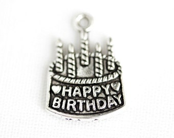 Birthday Cake Charm.  Happy Birthday Charm. Add-On Charm for Bracelet Charm or Necklace Charm. Silver Plated Charm.