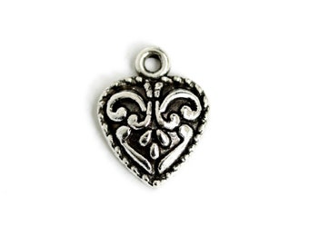 Brocade Heart Charm. Puffy Heart Add On Charm for Bracelet Charm or Necklace Charm. Silver Plated Charm. 15mm x 12mm