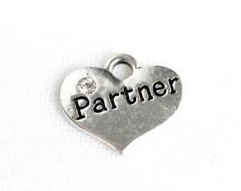 Partner Charm.  Heart Charm with Rhinestone. Add-On Charm for Charm Bracelets. Silver Plated Charm.