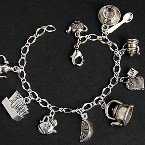 Tea Bracelet. Tea Time Charm Bracelet. Tea Lover Bracelet. Teapot Bracelet. Food Bracelet. Silver Bracelet. Food Jewelry.