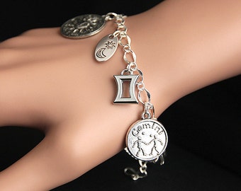 Gemini Bracelet.  Gemini Charm Bracelet. Zodiac Bracelet. Sun Sign Bracelet. Horoscope Bracelet with Silver Charms. Handmade Jewelry.