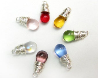 Teardrop Charms.  Wire Wrapped Teardrop Add-On Charms for Charm Bracelets. Silver Plated Charms. Glass Teardrop Charms.