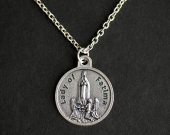 Lady of Fatima Necklace. Fatima Prayer Necklace. Round Medal Necklace. Catholic Jewelry. Patron Saint Necklace. Our Lady of Fatima Medal.