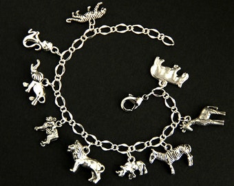 African Safari Bracelet.  Wildlife Charm Bracelet. African Bracelet. African Wildlife Bracelet. Silver Charm Bracelet. Handmade Jewelry.