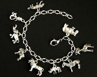 African Safari Bracelet.  Wildlife Charm Bracelet. African Bracelet. African Wildlife Bracelet. Silver Charm Bracelet. Handmade Jewelry.
